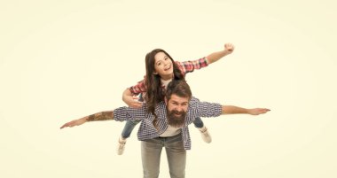 Father and daughter play planes. Kid play game fly plane wide apart hands. Child enjoy game with father. Parenthood fun. Fathers day. Active leisure concept. Best father ever. Support and upbringing.