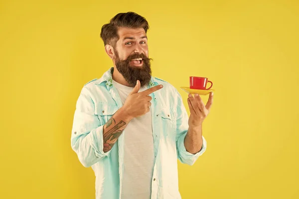 Happy Unshaven Man Shirt Point Finger Coffee Yellow Background Coffee — Photo
