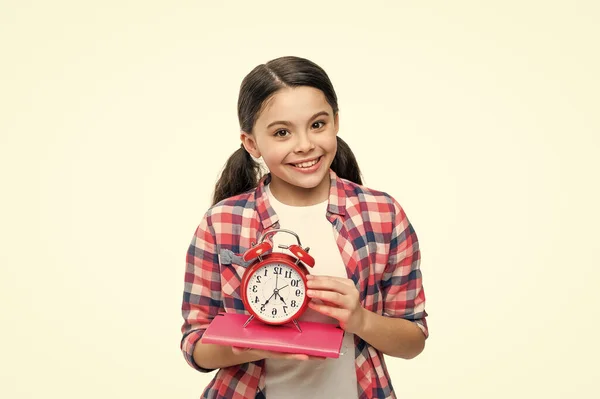 Cheerful School Girl Alarm Clock Background Photo School Girl Alarm — Stock Photo, Image