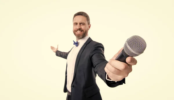 Selective Focus Man Presenter Isolated White Background Presenter Man Microphone — Photo
