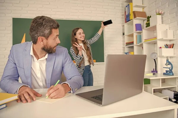Amazed School Teacher Classroom Selective Focus Kid Making Selfie Blackboard — Stockfoto
