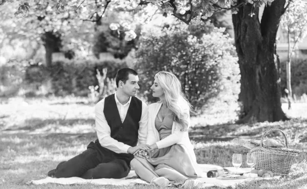 Romantic Date Couple Relaxing Green Meadow Picnic Basket Celebrate Love — Stok fotoğraf
