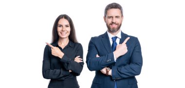 Formalite icabı iş ortakları, işaret parmağı. İş ortaklarının, profesyonellerin fotoğrafı. Beyaz arka planda izole edilmiş iş ortakları. Stüdyoda iş ortakları.