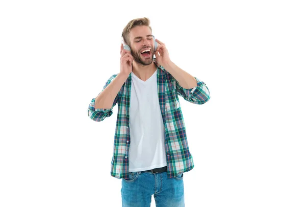 Hombre Riendo Escuchar Música Aislada Blanco Hombre Escuchar Música Fondo — Foto de Stock