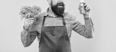 Mutlu adam meyve suyu şişesine bakıyor. Elinde taze marul sarısı arka plan, meyve suyu barı..