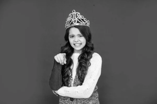 Displeased Child Queen Crown Arrogant Princess Tiara Kid Pointing Finger — Stock Fotó