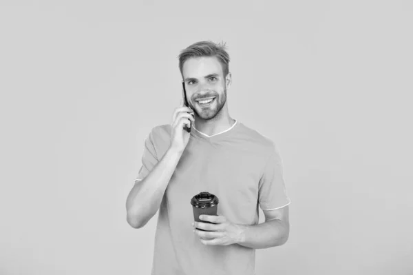 Happy Guy Coffee Speak Phone Yellow Background Conversation — Fotografia de Stock