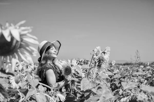 Hasır Şapkalı Tatlı Kız Ayçiçeği Çiftliğinde Yürüyor Doğal Kozmetik Ürünleri — Stok fotoğraf