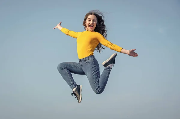 Rejoicing Teen Girl Jump High Sky Background — Stock Photo, Image