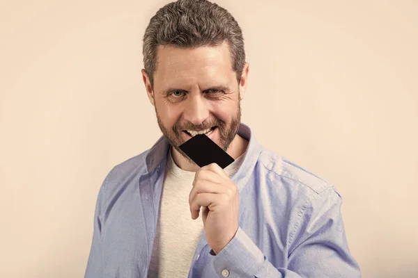 Guy Biting Business Card Photo Guy Hold Business Card Guy — Photo