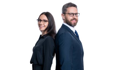 Formalite icabı bir çift iş adamı. İş adamlarının, profesyonellerin fotoğrafı. Beyaz arka planda izole iş adamları. Stüdyoda iş adamları.