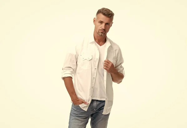 Adult Unshaven Man White Shirt Unshaven Man Style Studio Shot — Stock Photo, Image
