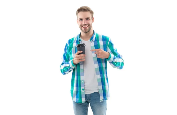 Millennial Mann Mit Kaffee Hintergrund Zeigefinger Foto Des Millennialmannes Mit — Stockfoto