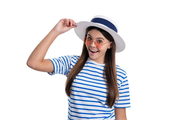 Photo Summer Stylish Amazed Teenager Girl Wearing Striped Tshirt Summer — Stock Photo, Image