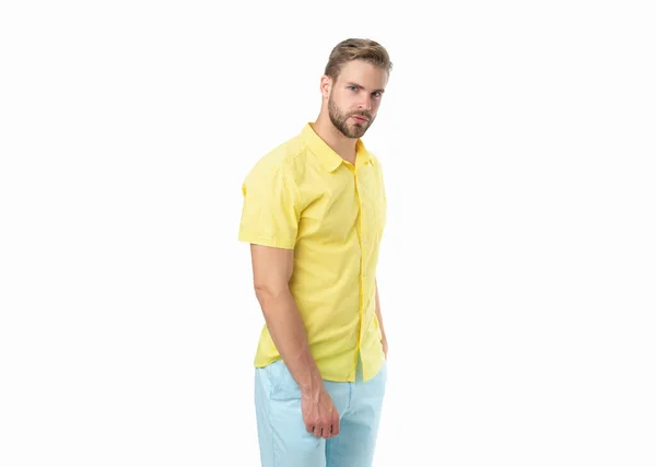 Imagem Cara Elegante Vestindo Camisa Amarela Tipo Elegante Isolado Branco — Fotografia de Stock