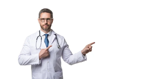 Cardiologist Point Finger Isolated White Banner Cardiologist Studio Cardiologist Background — Stock Photo, Image