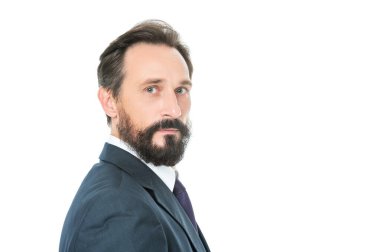 Arka planda fotokopi alanı olan işadamı patronu. İş adamının fotoğrafı. İşadamının patronu beyazdan izole edilmiş. Stüdyoda işadamı patronu.