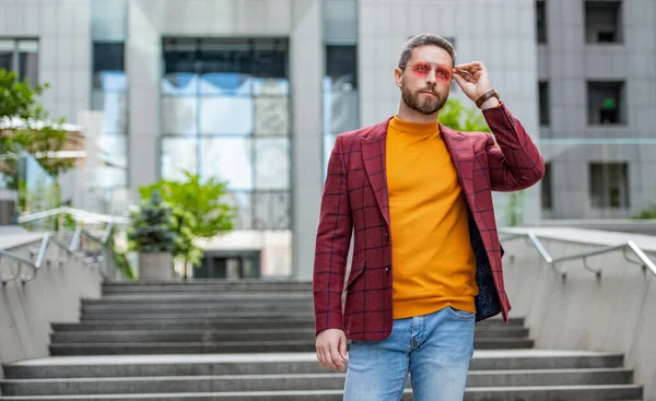 stock image guy in menswear outdoor, banner. guy in menswear in the street. guy in menswear outside. photo of guy in menswear of jacket.