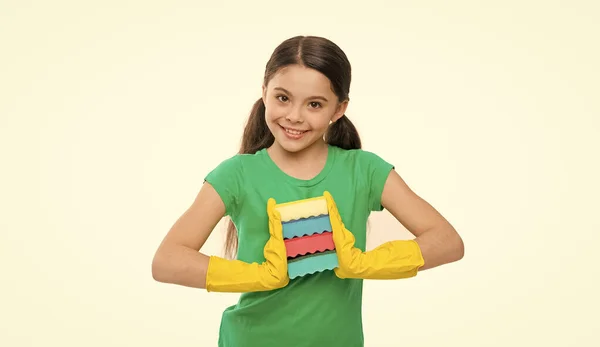 Sparkling Results Cleaning Sponge Cleaning Supplies Girl Wear Protective Gloves — Foto Stock