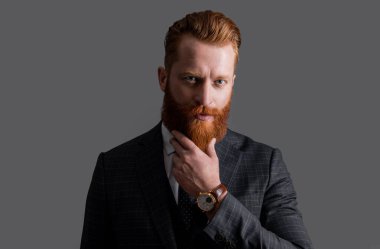 Takım elbiseli şirketin CEO 'su gri arka planda izole edilmiş. İş CEO 'su resmi kıyafet giyer. Stüdyonun CEO 'su. Takım elbise ve iş CEO 'su..