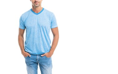 Kırlaşmış saçlı adam beyaz arka planda izole edilmiş, fotokopi alanı olan, erkek güzeli..