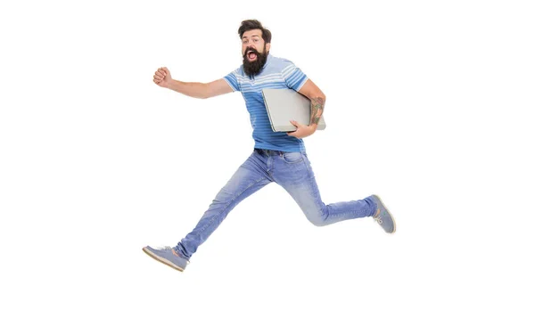 Energetic Blogger Midair Isolated White Happy Blogger Jumping Laptop Bearded —  Fotos de Stock