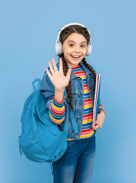 Hello School Happy Teen Girl Waving Hand Blue Background School — Zdjęcie stockowe
