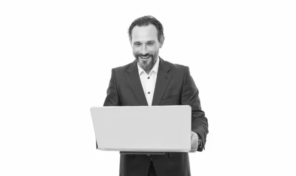 Ευτυχισμένος Άνθρωπος Που Δουλεύει Στούντιο Laptop Επιχειρηματίας Τρέχει Επιχείρηση Απευθείας — Φωτογραφία Αρχείου