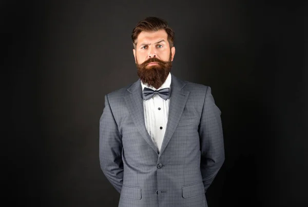 Serious Man Tuxedo Bow Tie Gentleman Formalwear Black Background Male — Fotografia de Stock