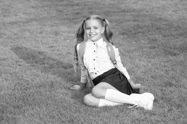 Happy Teen Girl School Uniform Sitting Green Grass Teenage Girl — Stock Photo, Image