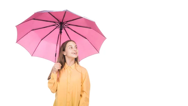 Feliz Adolescente Chica Bajo Paraguas Rosa Tiempo Otoño Aislado Espacio —  Fotos de Stock