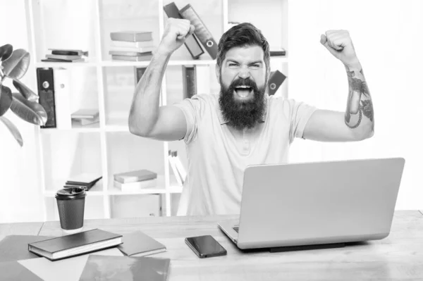 Aufgeregter Typ Glücklich Schreiend Siegergeste Laptop Büro Sieg — Stockfoto