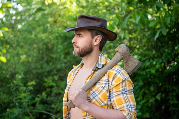 Bearded Cowboy Axe Cowboy Axe Wearing Checkered Shirt Cowboy Axe — Stock Photo, Image