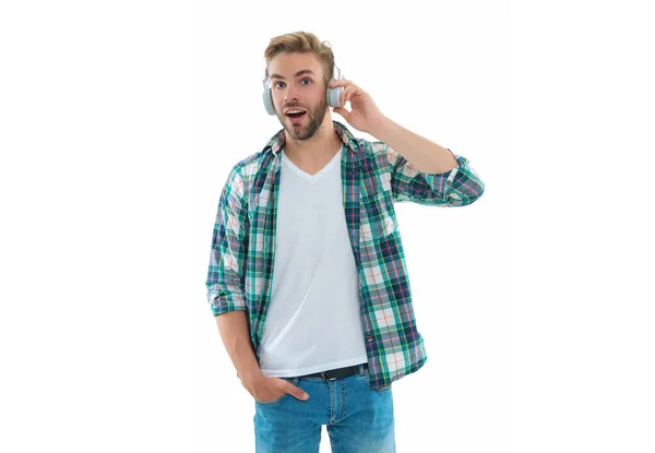 Έκθαμβος Άντρας Ακούει Μουσική Άκου Μουσική Απομονωμένη Στα Λευκά Άνθρωπος — Φωτογραφία Αρχείου