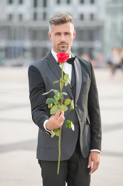 穿着燕尾服的优雅男子新郎 新郎在户外穿着燕尾服领带 红玫瑰的浪漫新郎 — 图库照片