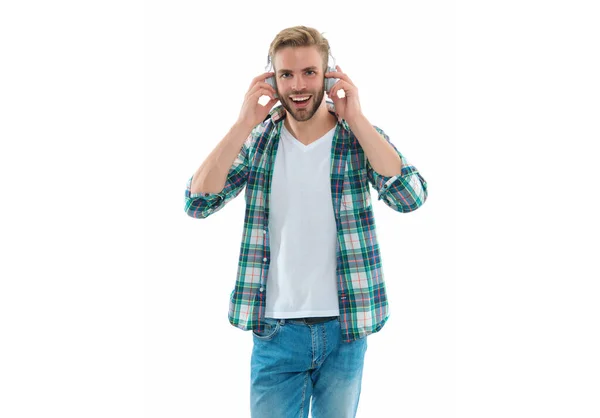 Фото Щасливого Чоловіка Музичних Навушниках Людина Музичних Навушниках Ізольована Білому — стокове фото