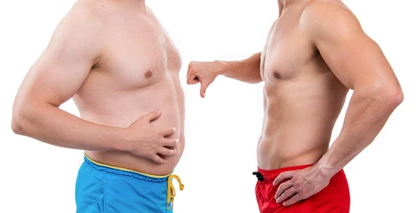 肥胖前瘦身后比较孤立于白种人 减肥后的肥胖前 在工作室的男人 肥胖前的男性瘦身后的景象 瘦身后肥胖前的照片 — 图库照片