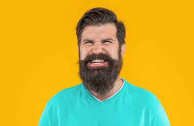 Arka planda kızgın sakallı adamın portresi. Sakallı adamın portresi. Sarıda izole edilmiş sakallı adamın portresi. Stüdyoda sakallı adamın portresi.