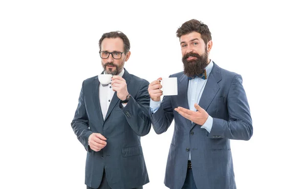 Partners Vieren Start Bedrijf Geïsoleerd Wit Zakelijke Lunch Mannen Met — Stockfoto