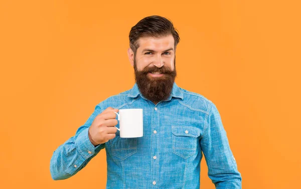 Homem Caucasiano Feliz Segurando Caneca Chá Fundo Amarelo — Fotografia de Stock