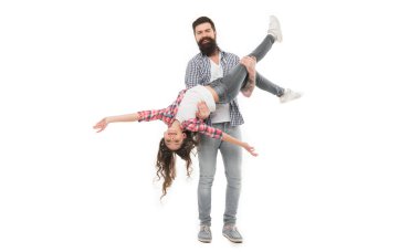 Father is daughters first love. Family love. Father holding little daughter in hands with love and care. Bearded father and small girl child sharing love.
