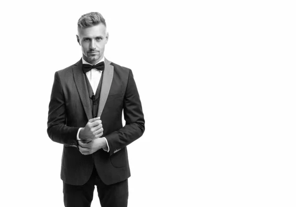 Handsome Man Bow Tie Suit Businessman Isolated White Gentleman Formal — Φωτογραφία Αρχείου