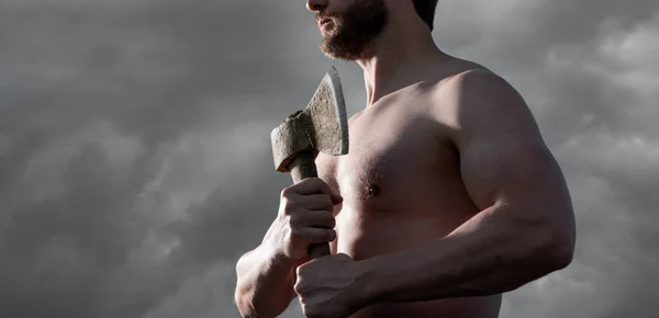 Shirtless Man Axe Caucasian Man Hold Brutal Man Sky Background — Stock Photo, Image