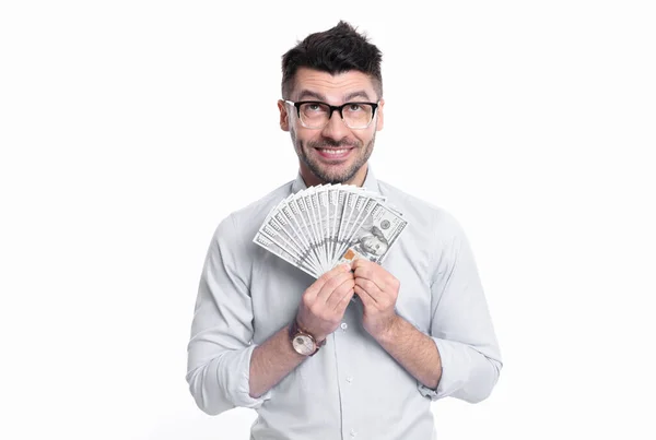 Hombre Feliz Sosteniendo Estudio Papel Moneda Hombre Rico Sonriendo Con — Foto de Stock