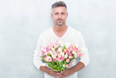 man with spring tulips in studio. man with spring tulips isolated on blue background. photo of man with spring tulips. man with spring tulips.