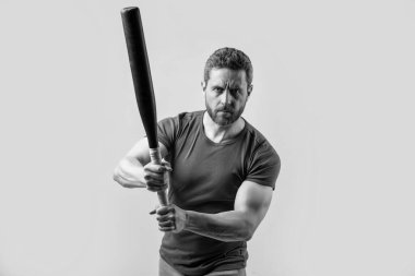 photo of man with aggression, selective focus. man with aggression threatening. man express aggression with bat isolated on grey background. aggression of man with bat in studio.
