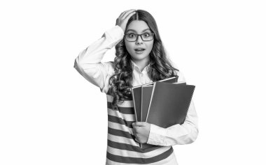 shocked teen girl study at school isolated on white. teen girl study at school in studio. teen girl study at school on background. photo of teen girl study at school.