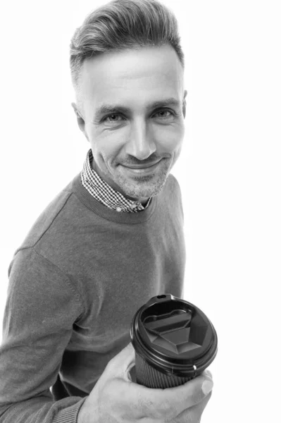 Smiling Guy Coffee Break Isolated White Guy Coffee Break Studio — 스톡 사진