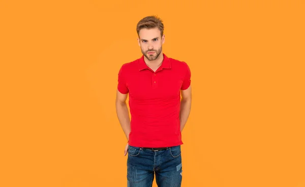 Sexy Man Red Shirt Yellow Background Mens Beauty — стоковое фото