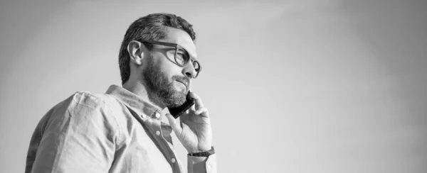 Communication Mature Man Glasses Talk Phone Man Talking Smartphone Man — стоковое фото